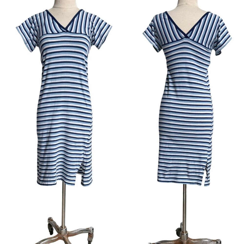 70s Vintage T-Shirt Dress Stripe V-neck Short Sleeve Midi Casual Shirt Navy.